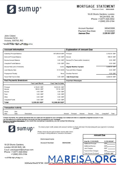 Downloadable UK SumUp mortgage statement in Word and PDF formats sample